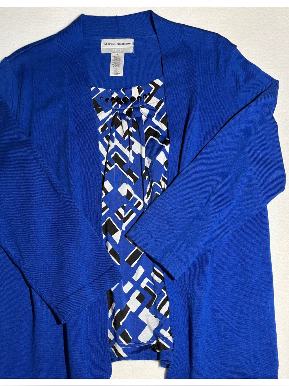 Alfred Dunner Cobalt Blue Open-Front Cardigan with Geometric Inset